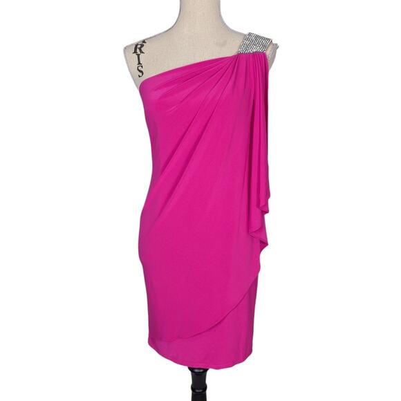 Y2K Cache One Shoulder Rhinestone Trim Mini Dress Hot Pink Size 2 - Picture 4 of 16